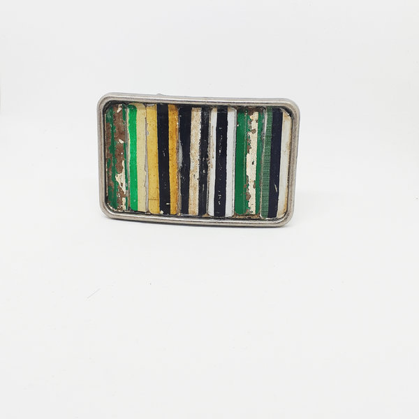 Belt Buckle Vintage License Plate Metal Mosaic Black Green Tan Stripes Unisex Fashion Recycled Art