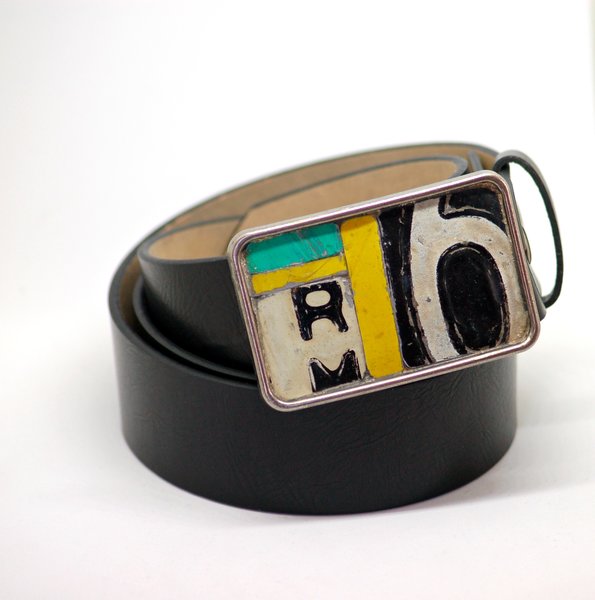 License Plate Belt Buckle Handmade Metal Mosaic Vintage Recycled Industrial Urban Rustic For Men or Women One of A Kind #6 Black White Yellow Green